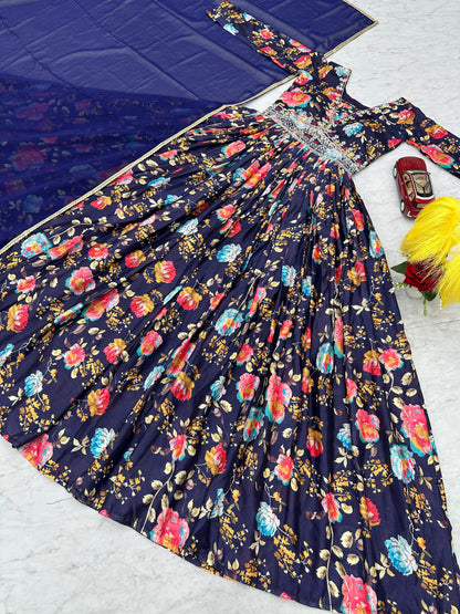 Presenting Navy Blue Color Chinon And Digital Print With Embroidery Work Designer Gown
