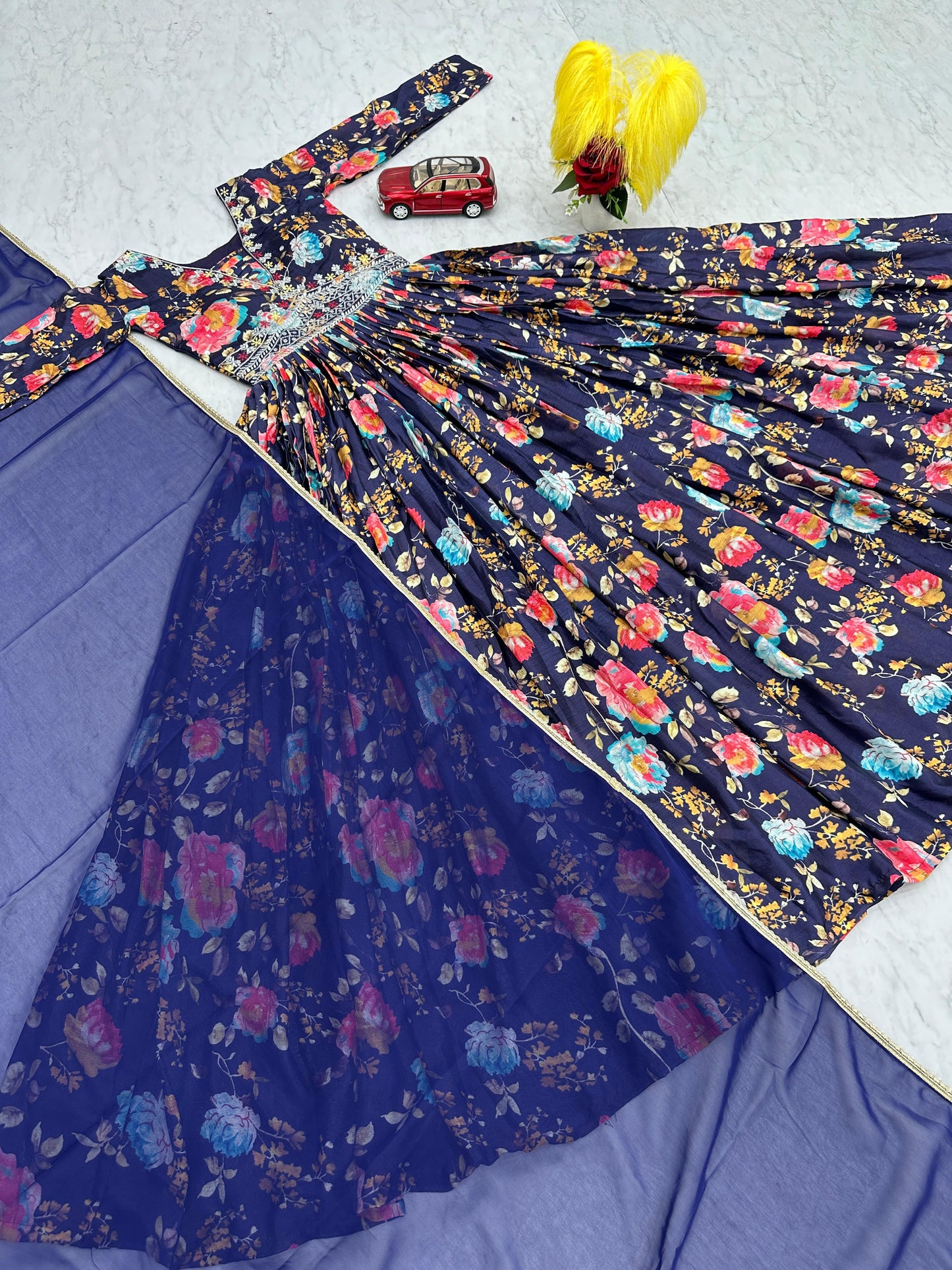 Presenting Navy Blue Color Chinon And Digital Print With Embroidery Work Designer Gown