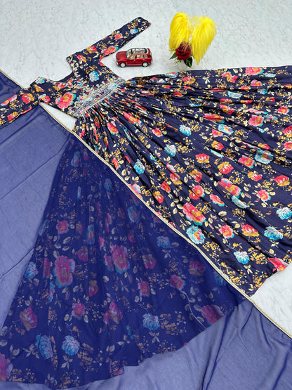 Presenting Navy Blue Color Chinon And Digital Print With Embroidery Work Designer Gown