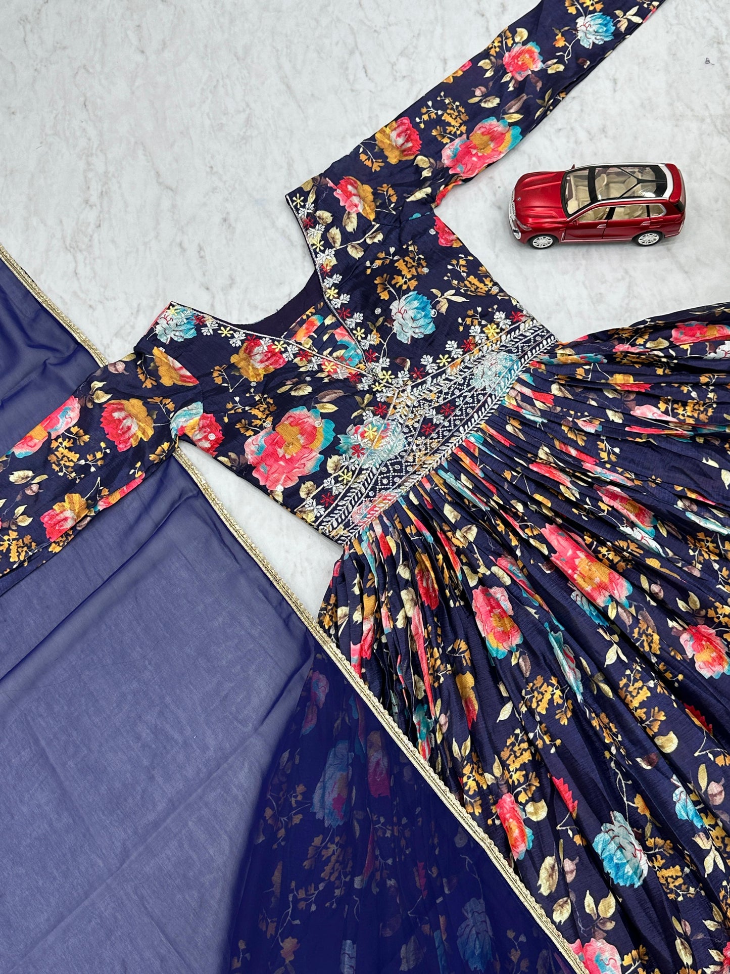 Presenting Navy Blue Color Chinon And Digital Print With Embroidery Work Designer Gown