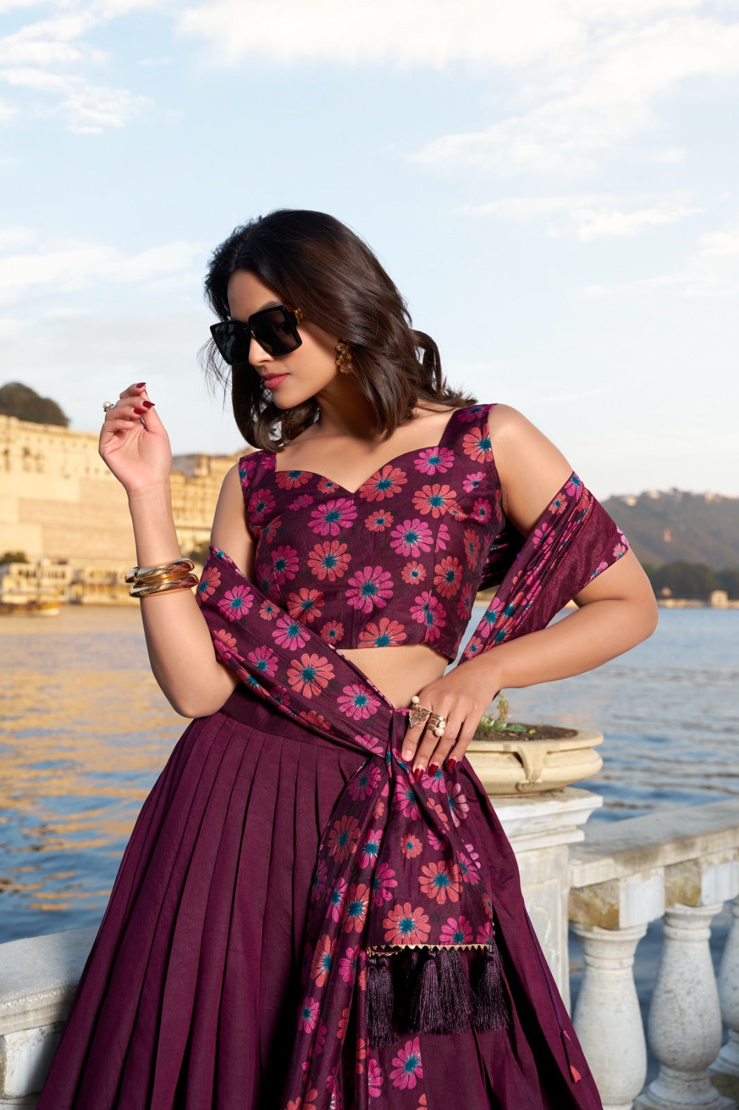 Wedding Wear Wine Color Tussar Silk And Floral Print With Foil Work Designer Lehenga Choli