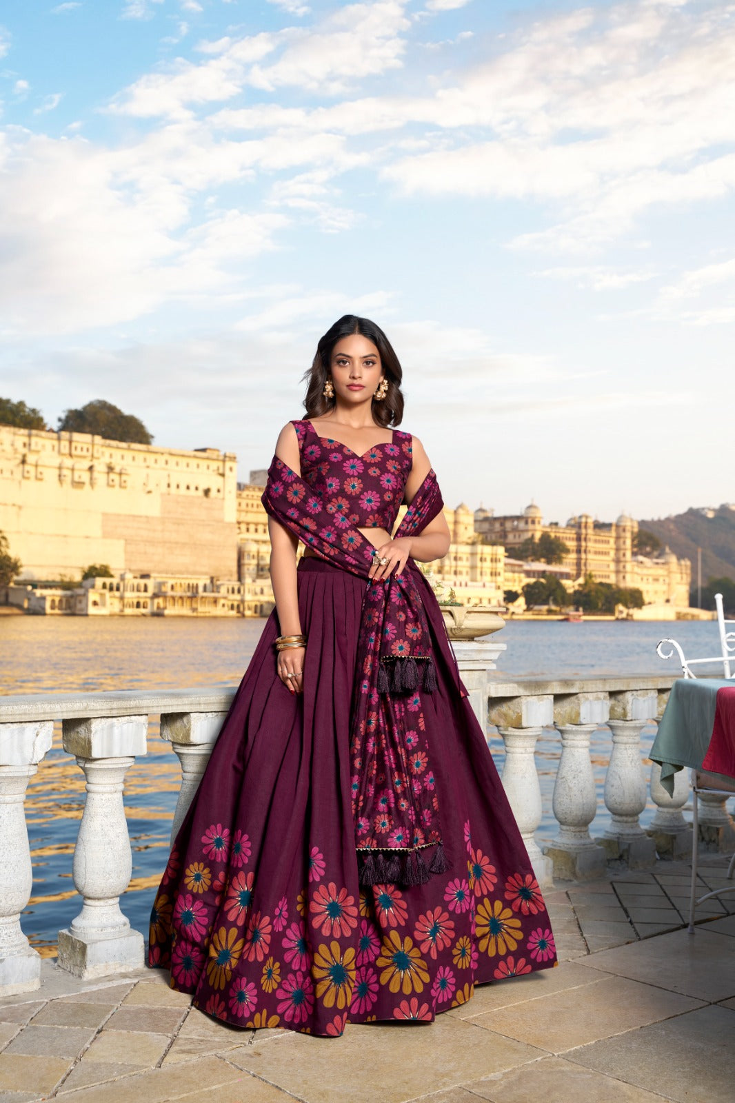 Wedding Wear Wine Color Tussar Silk And Floral Print With Foil Work Designer Lehenga Choli