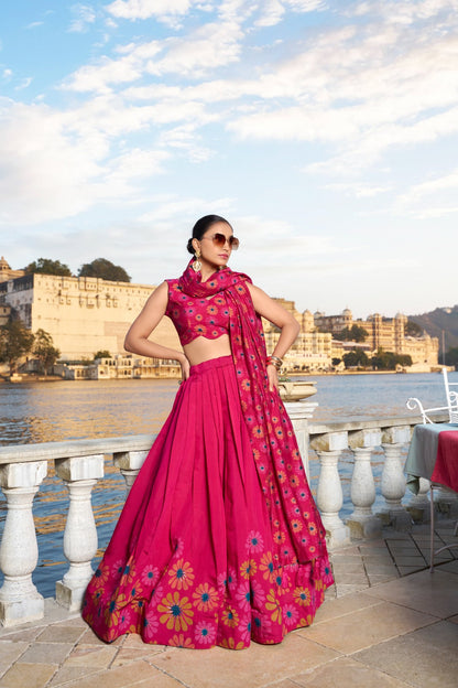 Wedding Wear Pink Color Tussar Silk And Floral Print With Foil Work Designer Lehenga Choli