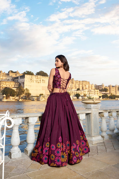 Wedding Wear Wine Color Tussar Silk And Floral Print With Foil Work Designer Lehenga Choli
