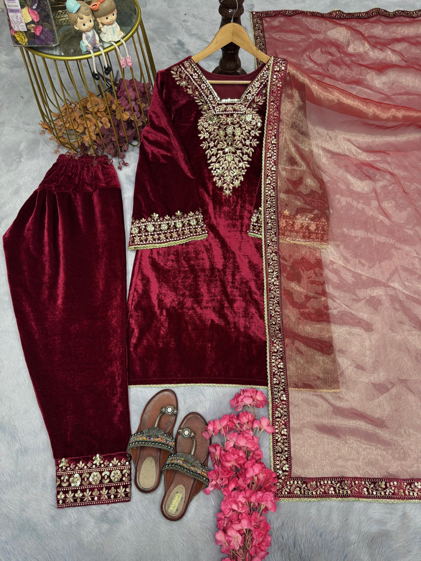Exclusive Maroon Color Heavy Pure Viscose Velvet With Embroidery 5mm Sequence Work With Rivet Moti Work Designer Velvet Suit