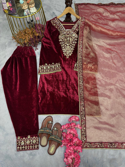 Exclusive Maroon Color Heavy Pure Viscose Velvet With Embroidery 5mm Sequence Work With Rivet Moti Work Designer Velvet Suit