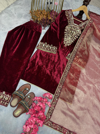 Exclusive Maroon Color Heavy Pure Viscose Velvet With Embroidery 5mm Sequence Work With Rivet Moti Work Designer Velvet Suit