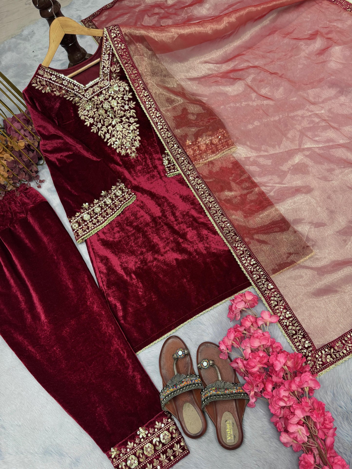 Exclusive Maroon Color Heavy Pure Viscose Velvet With Embroidery 5mm Sequence Work With Rivet Moti Work Designer Velvet Suit