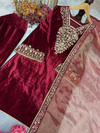 Exclusive Maroon Color Heavy Pure Viscose Velvet With Embroidery 5mm Sequence Work With Rivet Moti Work Designer Velvet Suit