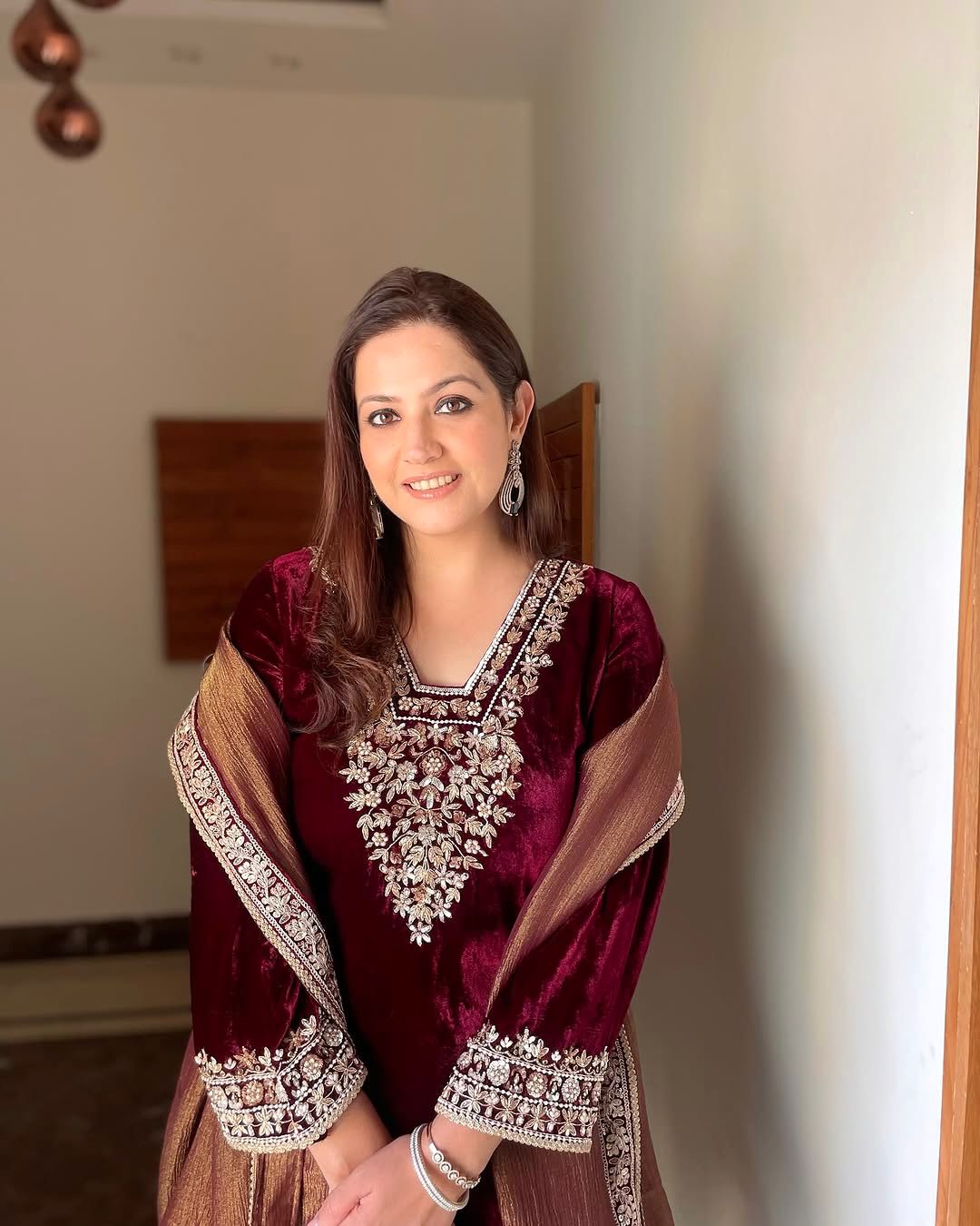 Exclusive Maroon Color Heavy Pure Viscose Velvet With Embroidery 5mm Sequence Work With Rivet Moti Work Designer Velvet Suit