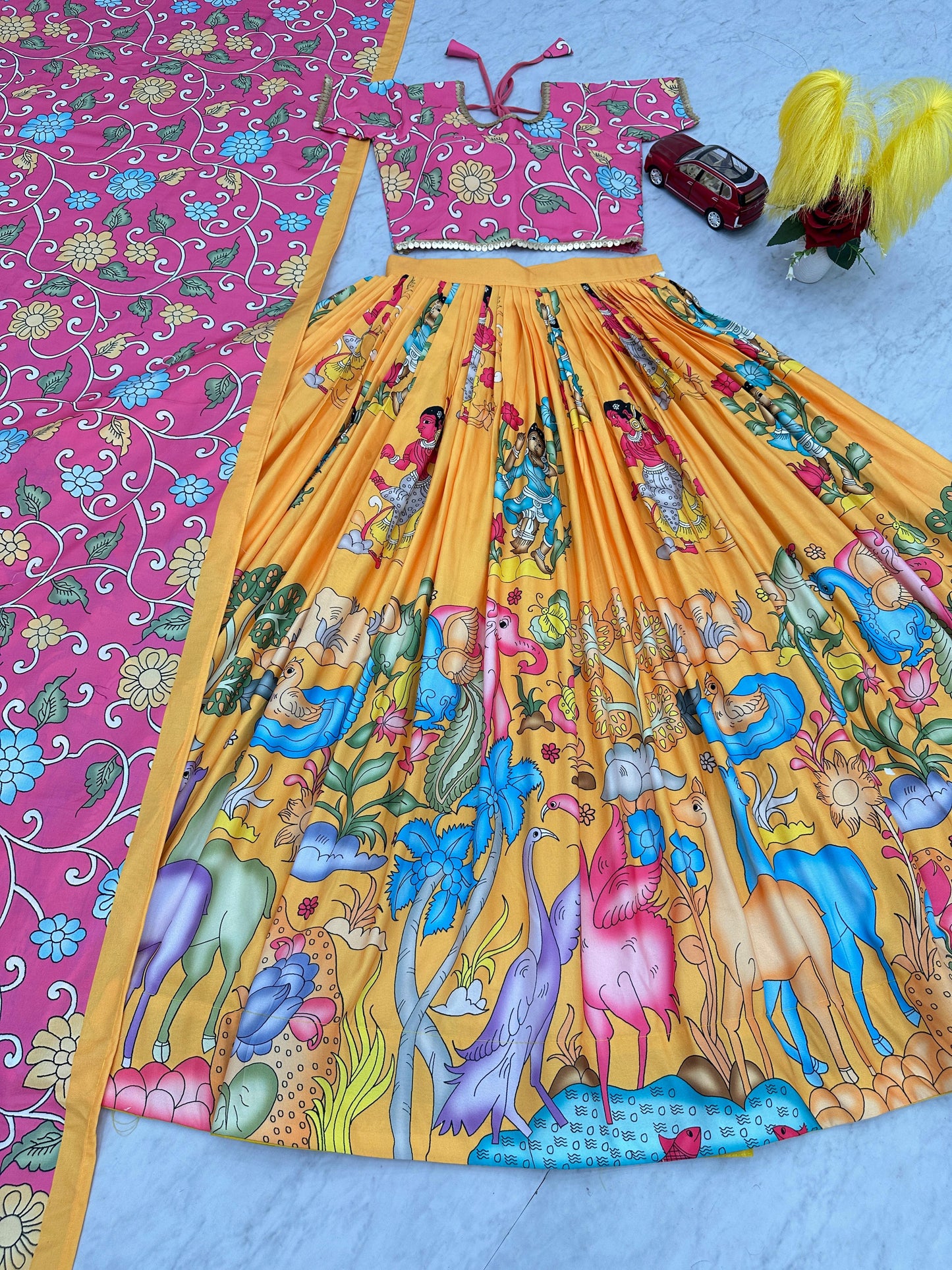 Haldi Special Yellow Color Cotton With Kalamkari Printed Beautiful Lehenga Choli
