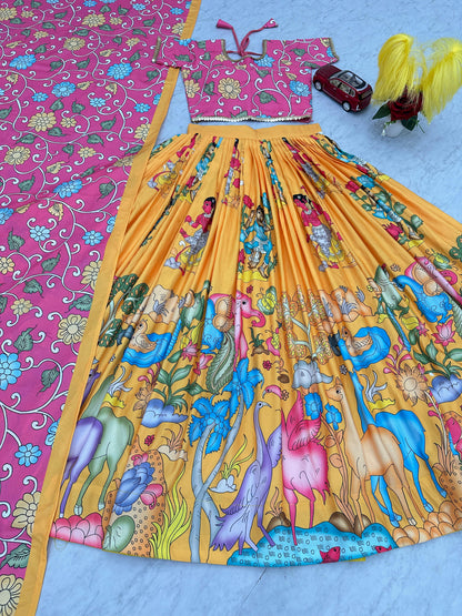 Haldi Special Yellow Color Cotton With Kalamkari Printed Beautiful Lehenga Choli