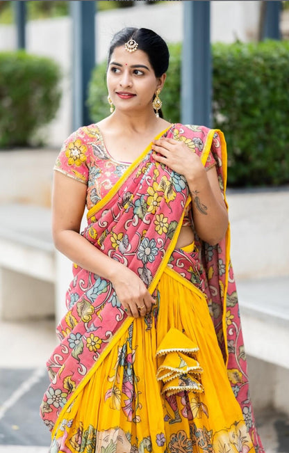 Haldi Special Yellow Color Cotton With Kalamkari Printed Beautiful Lehenga Choli
