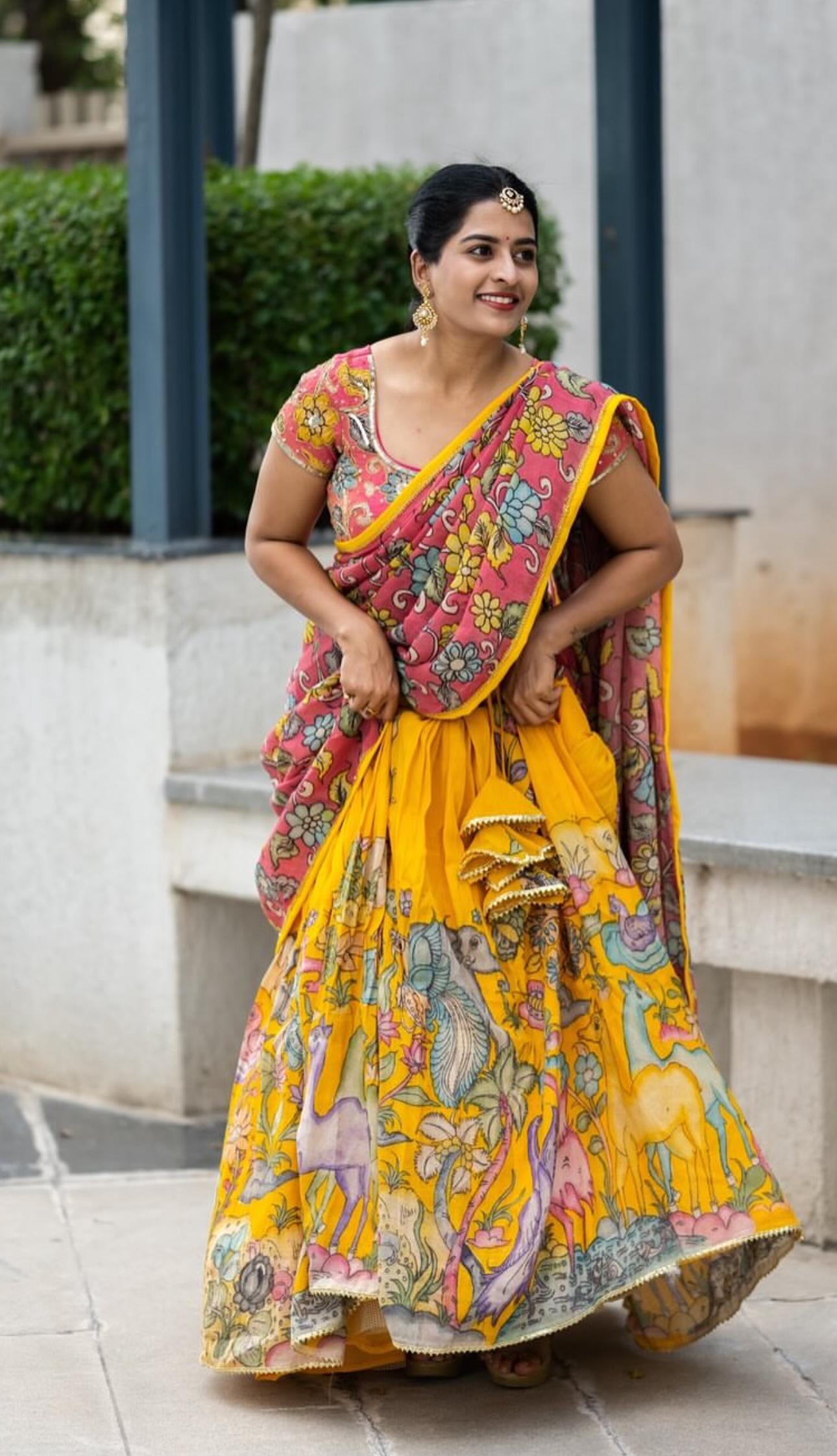 Haldi Special Yellow Color Cotton With Kalamkari Printed Beautiful Lehenga Choli