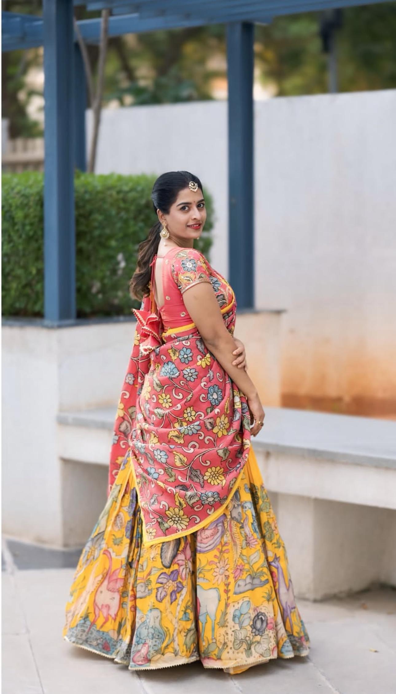 Haldi Special Yellow Color Cotton With Kalamkari Printed Beautiful Lehenga Choli