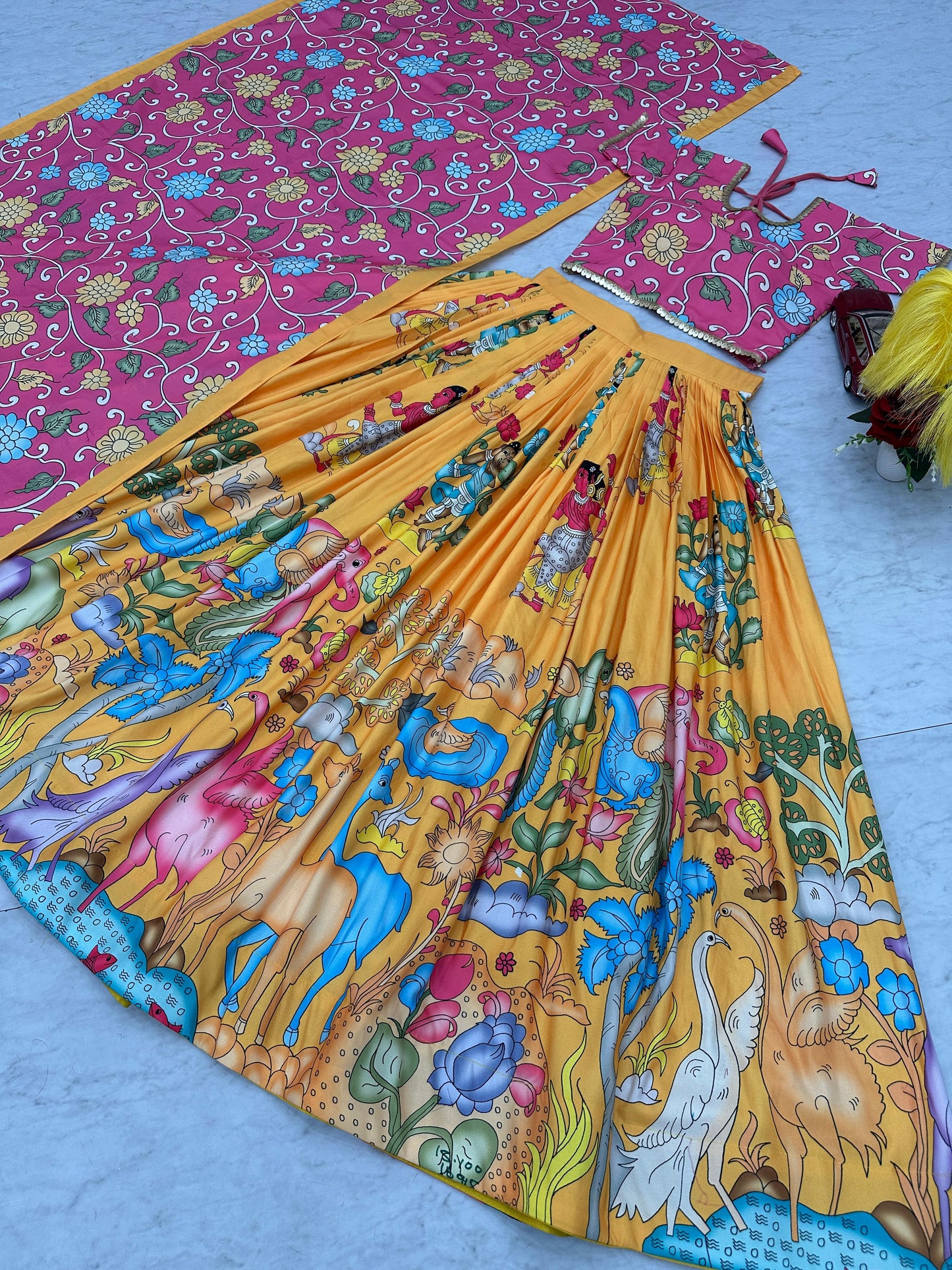 Haldi Special Yellow Color Cotton With Kalamkari Printed Beautiful Lehenga Choli