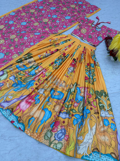 Haldi Special Yellow Color Cotton With Kalamkari Printed Beautiful Lehenga Choli