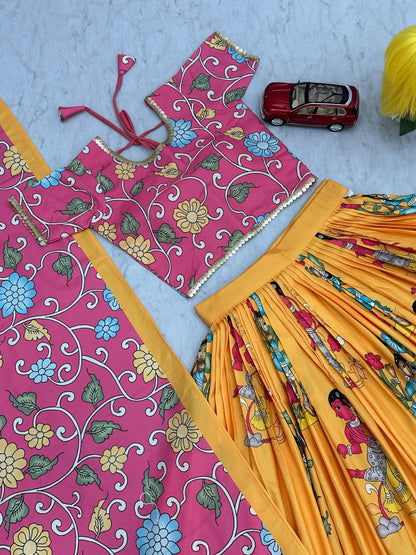 Haldi Special Yellow Color Cotton With Kalamkari Printed Beautiful Lehenga Choli