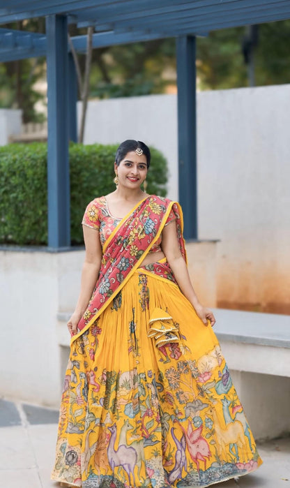 Haldi Special Yellow Color Cotton With Kalamkari Printed Beautiful Lehenga Choli