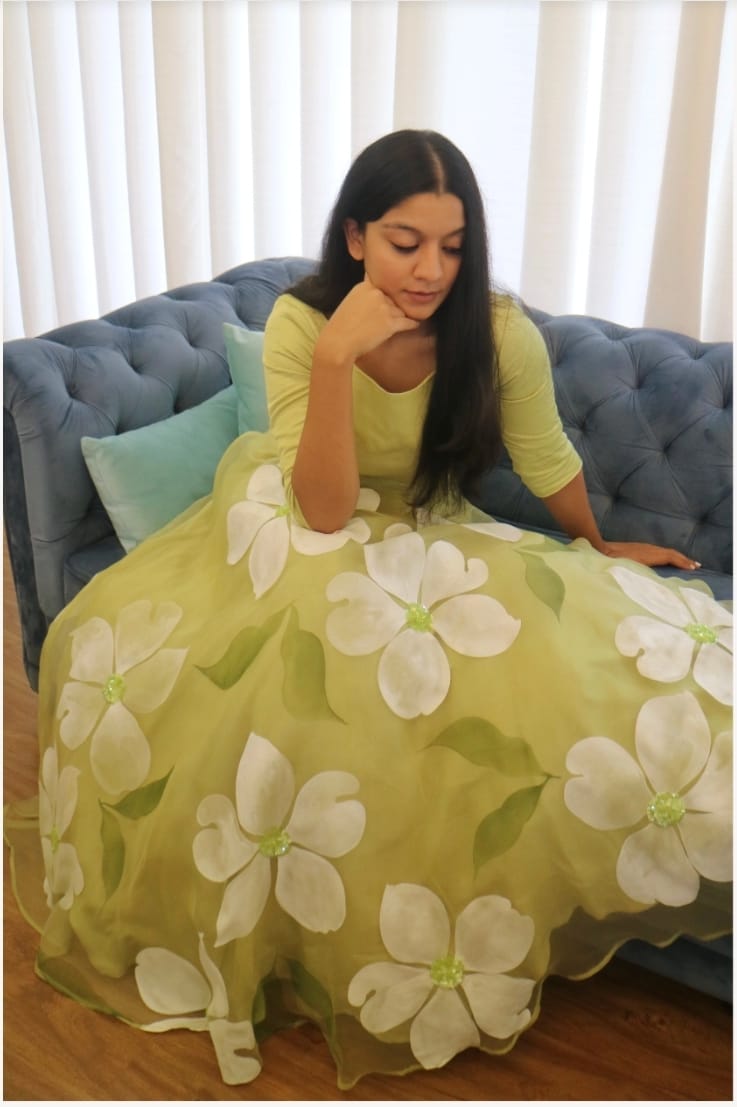 Lamon Green Taby Silk With Beautiful Floral Print With Heavy Cancan Beautiful Lehenga Choli