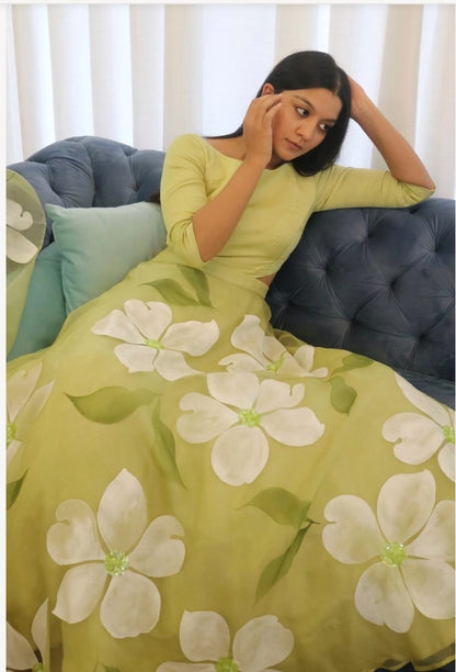Lamon Green Taby Silk With Beautiful Floral Print With Heavy Cancan Beautiful Lehenga Choli
