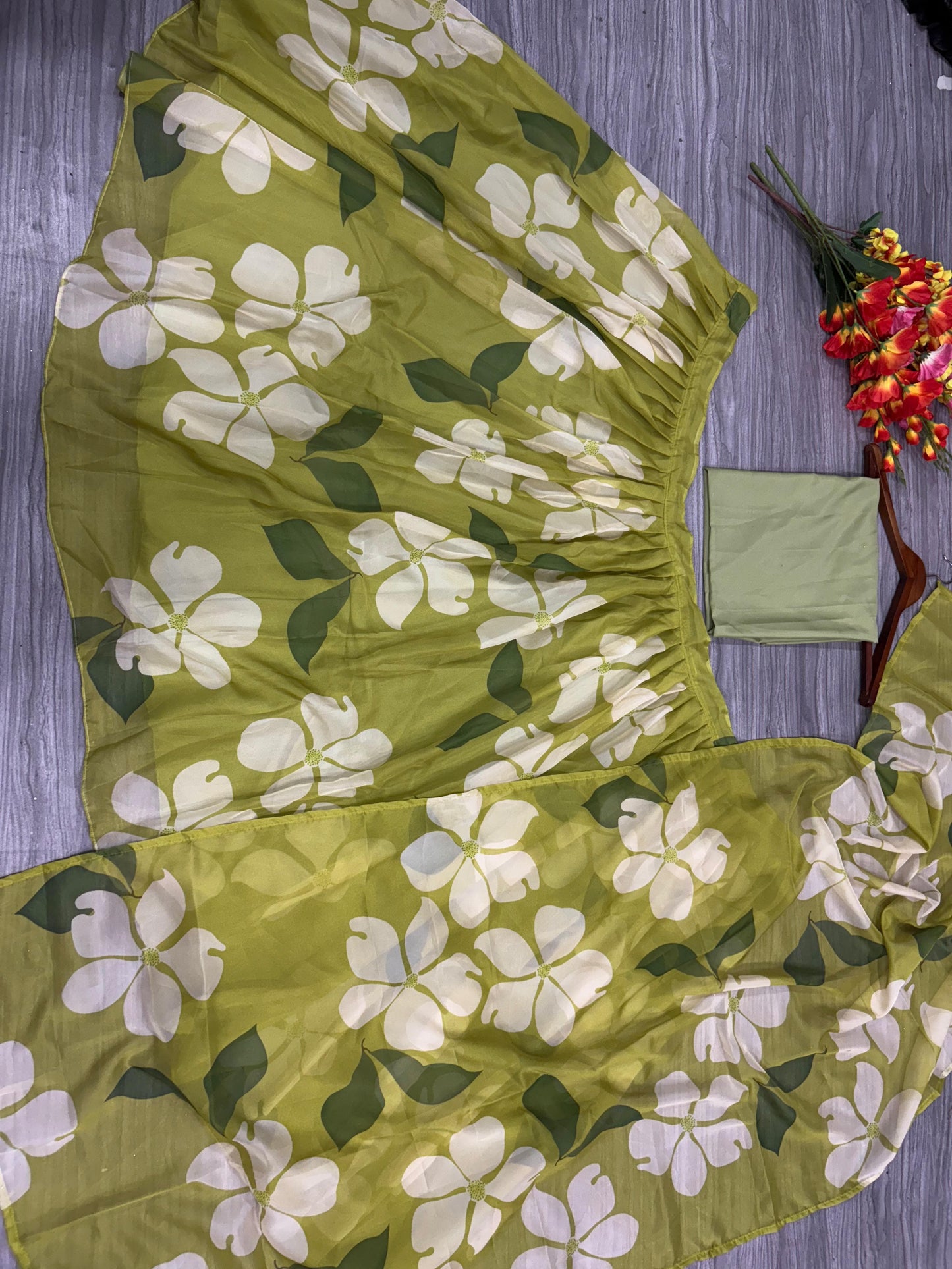 Lamon Green Taby Silk With Beautiful Floral Print With Heavy Cancan Beautiful Lehenga Choli