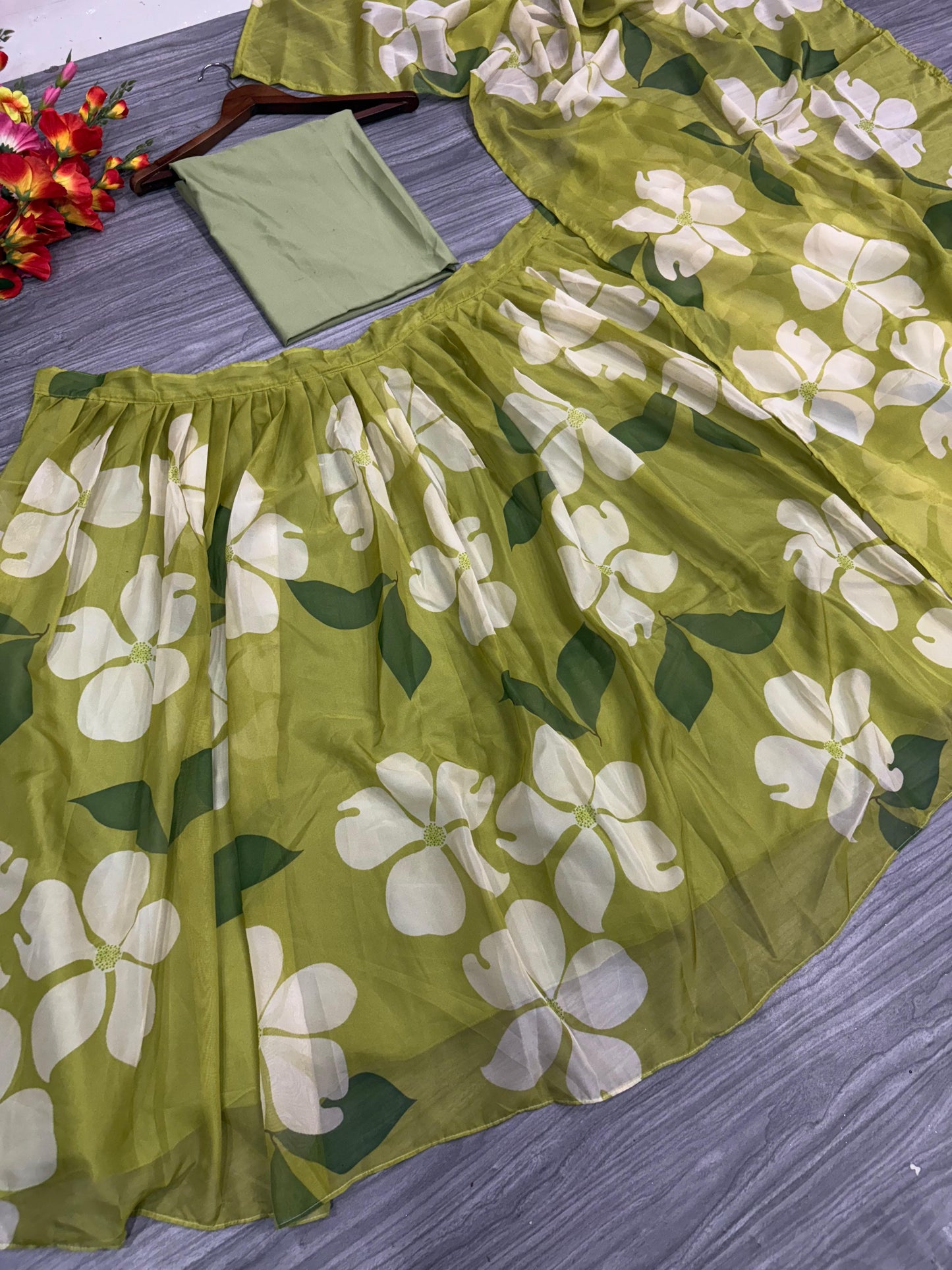 Lamon Green Taby Silk With Beautiful Floral Print With Heavy Cancan Beautiful Lehenga Choli