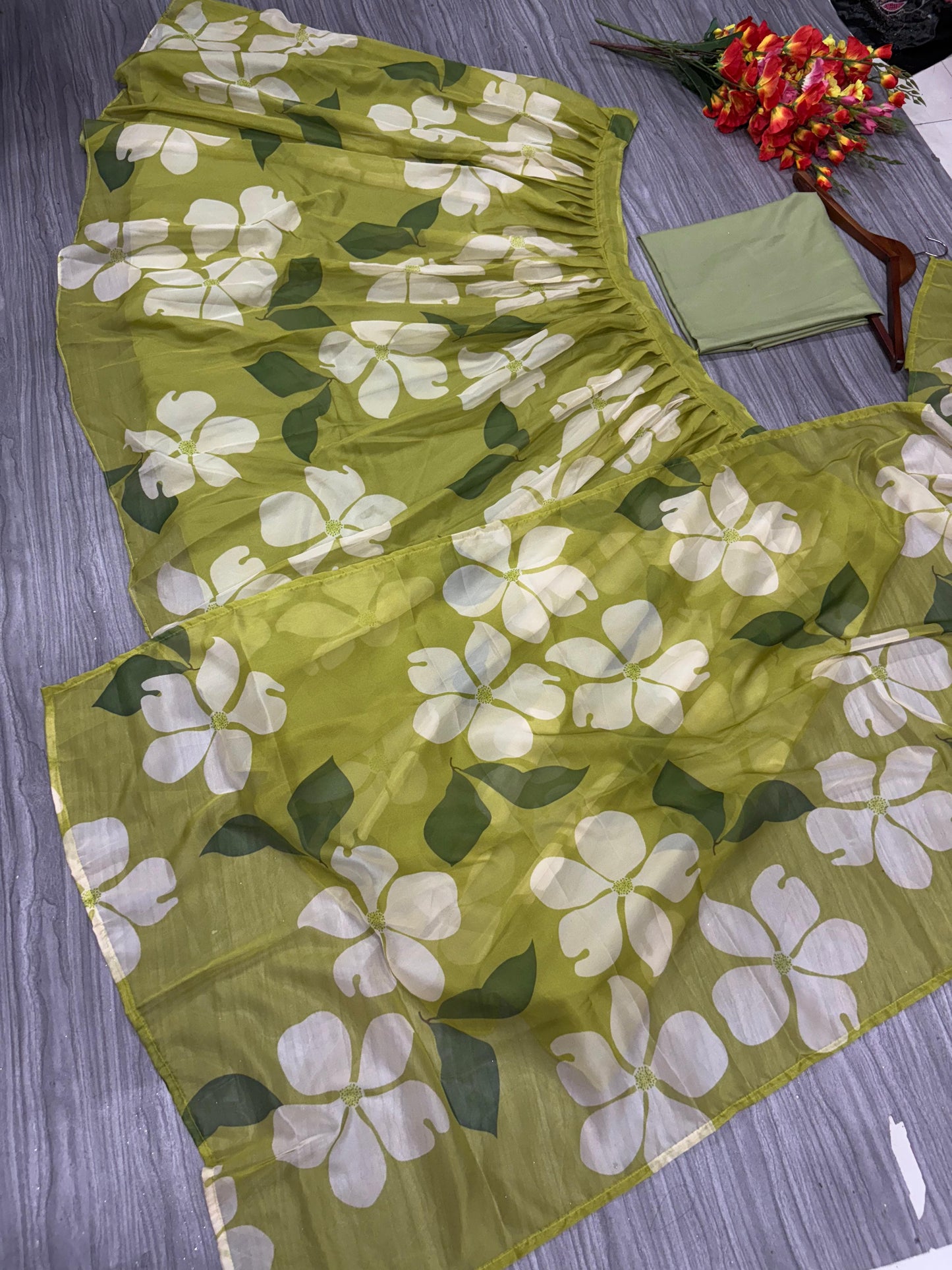 Lamon Green Taby Silk With Beautiful Floral Print With Heavy Cancan Beautiful Lehenga Choli