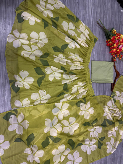 Lamon Green Taby Silk With Beautiful Floral Print With Heavy Cancan Beautiful Lehenga Choli