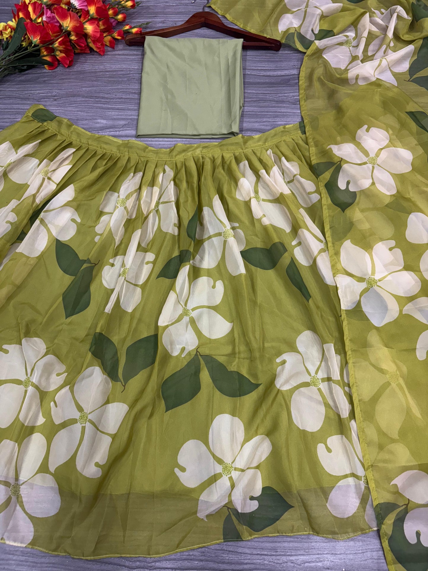 Lamon Green Taby Silk With Beautiful Floral Print With Heavy Cancan Beautiful Lehenga Choli