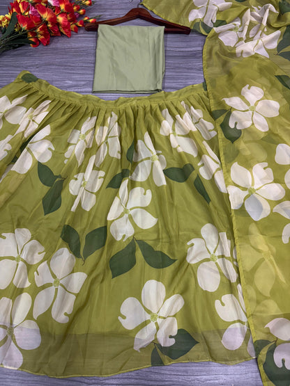 Lamon Green Taby Silk With Beautiful Floral Print With Heavy Cancan Beautiful Lehenga Choli