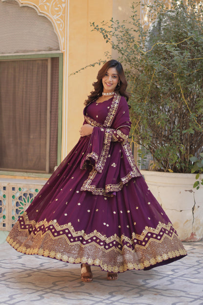 Party Wear Wine Color Faux Blooming Georgette With Zari And Sequins Embroidery Beautiful Gown