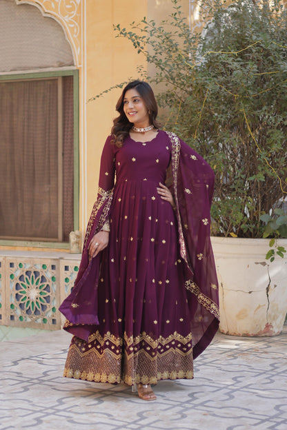 Party Wear Wine Color Faux Blooming Georgette With Zari And Sequins Embroidery Beautiful Gown