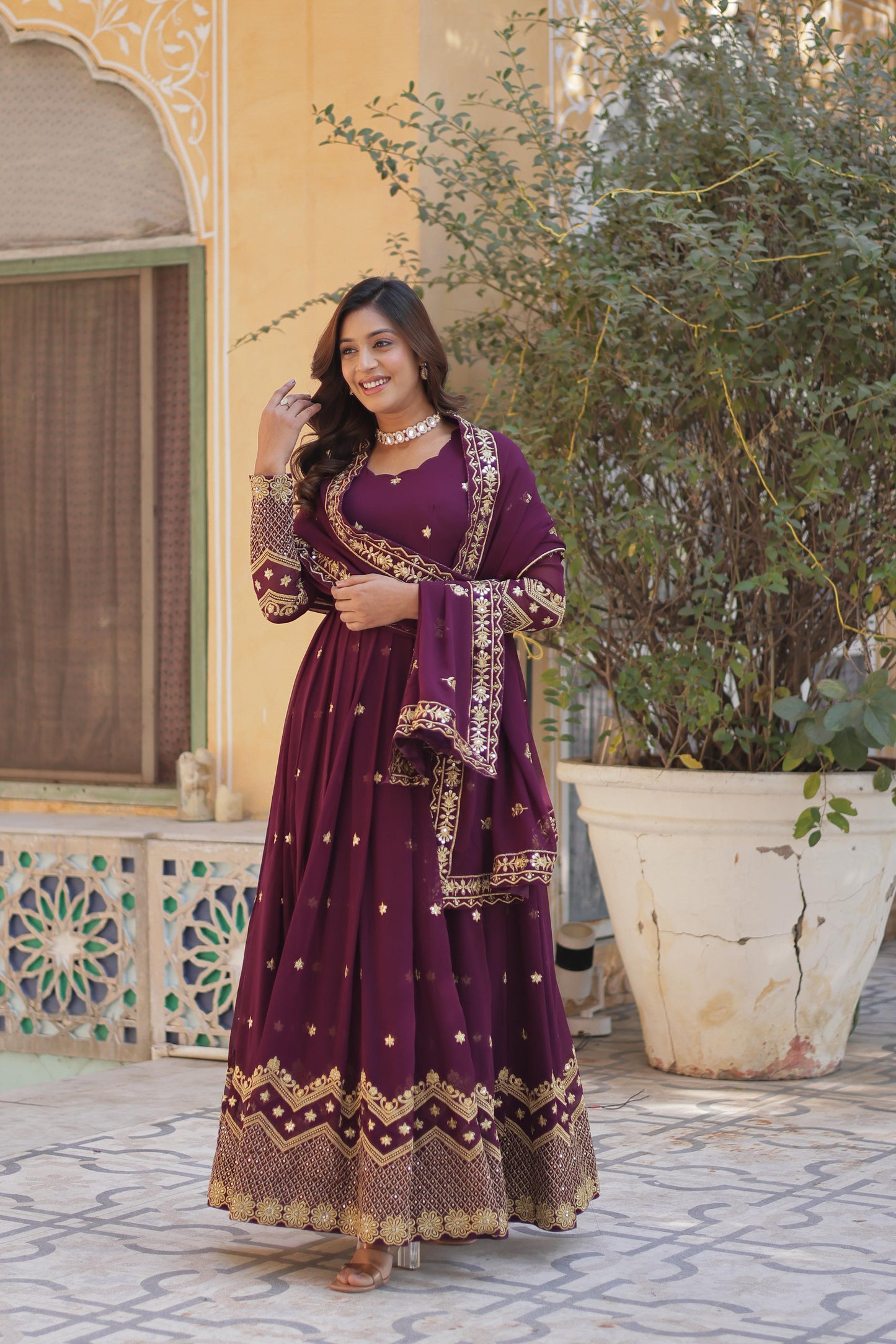 Party Wear Wine Color Faux Blooming Georgette With Zari And Sequins Embroidery Beautiful Gown