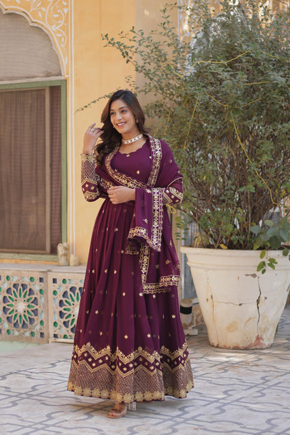 Party Wear Wine Color Faux Blooming Georgette With Zari And Sequins Embroidery Beautiful Gown