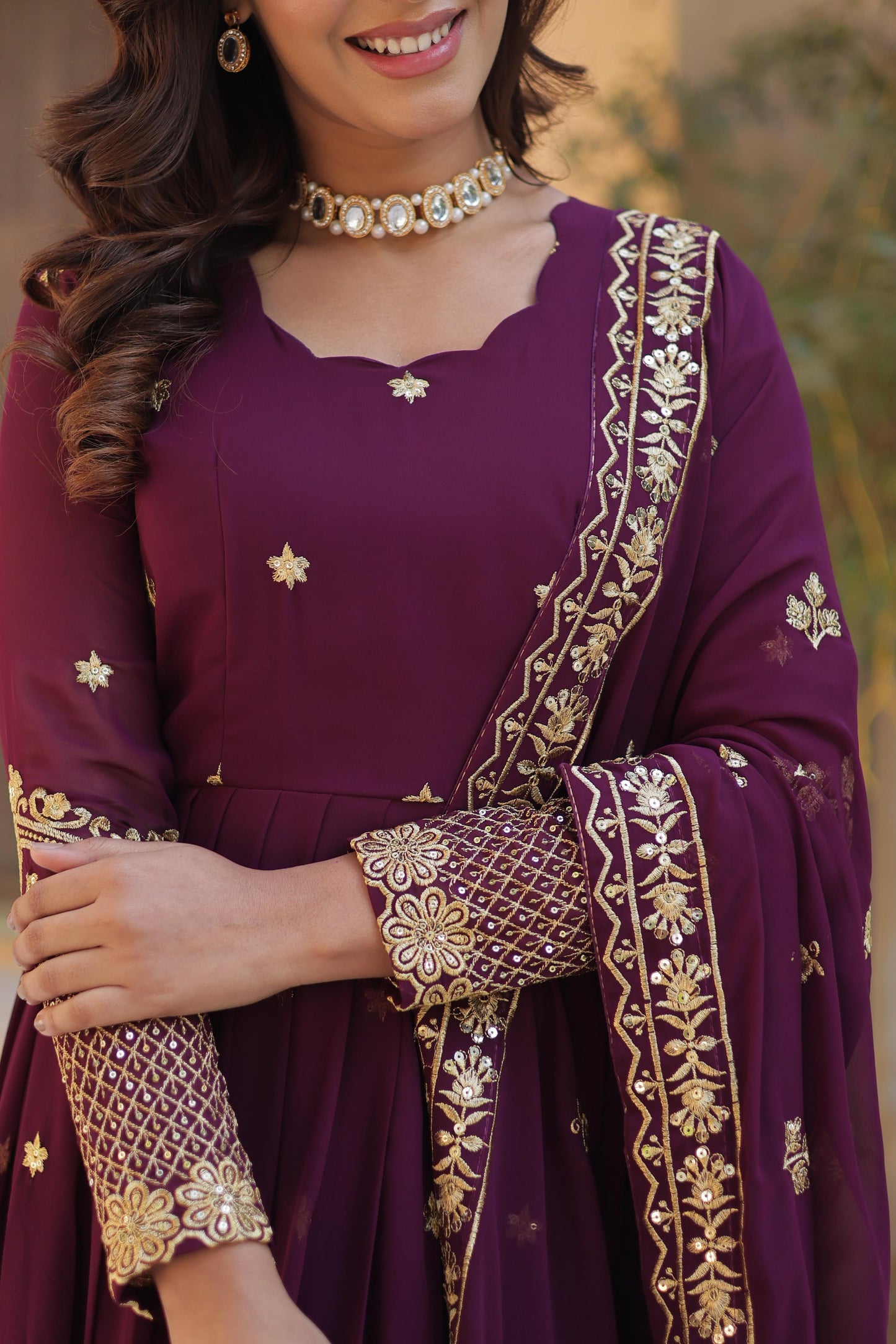 Party Wear Wine Color Faux Blooming Georgette With Zari And Sequins Embroidery Beautiful Gown