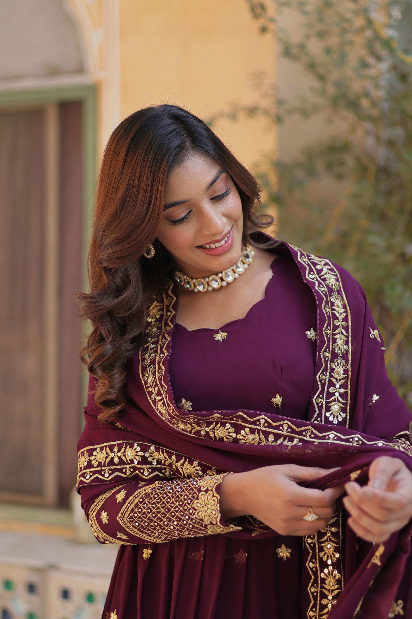 Party Wear Wine Color Faux Blooming Georgette With Zari And Sequins Embroidery Beautiful Gown