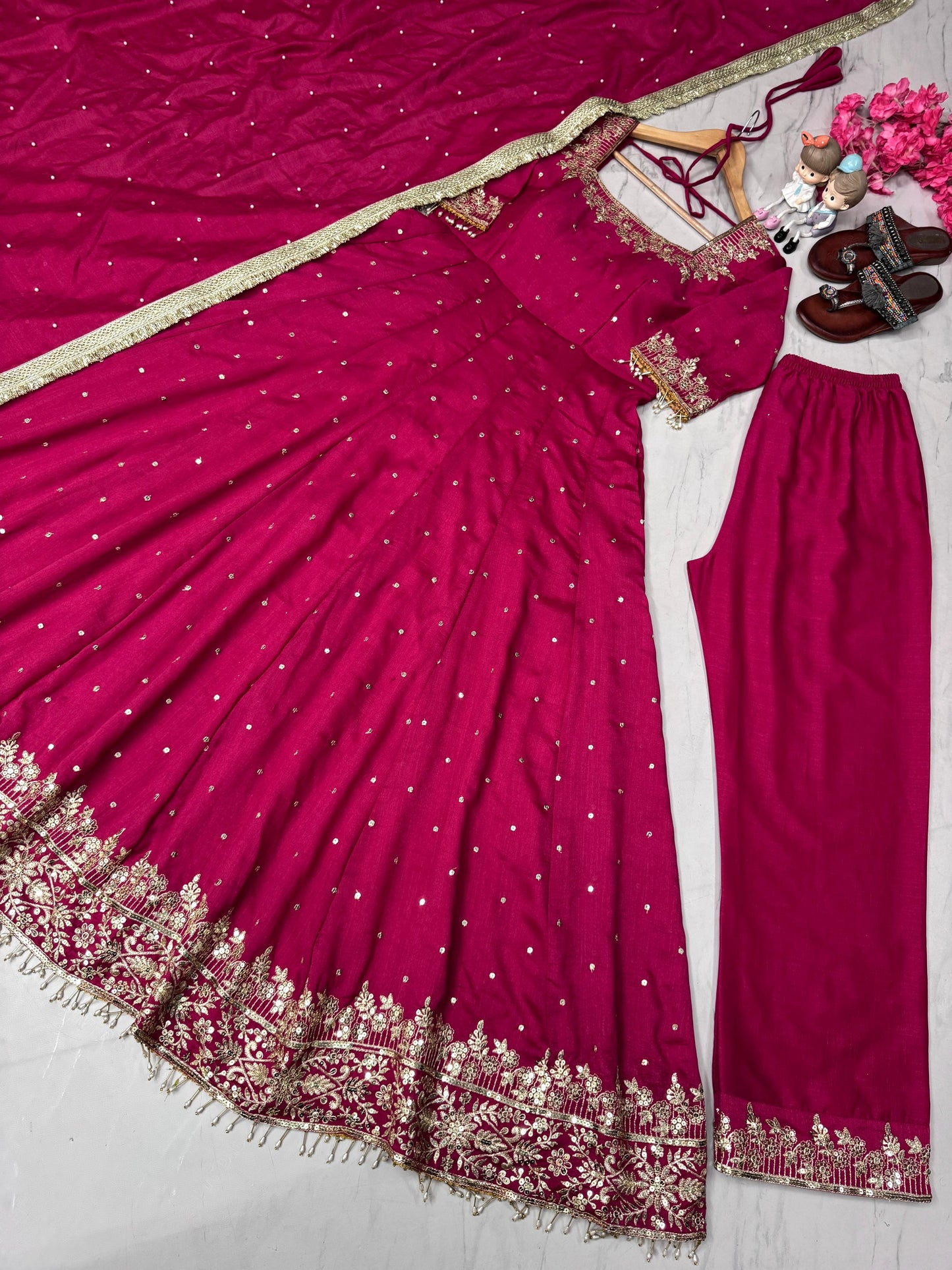 Stylist Pink Color Heavy Pure Vichitra Silk With Embroidery 5mm Sequence Work Anarkali Gown