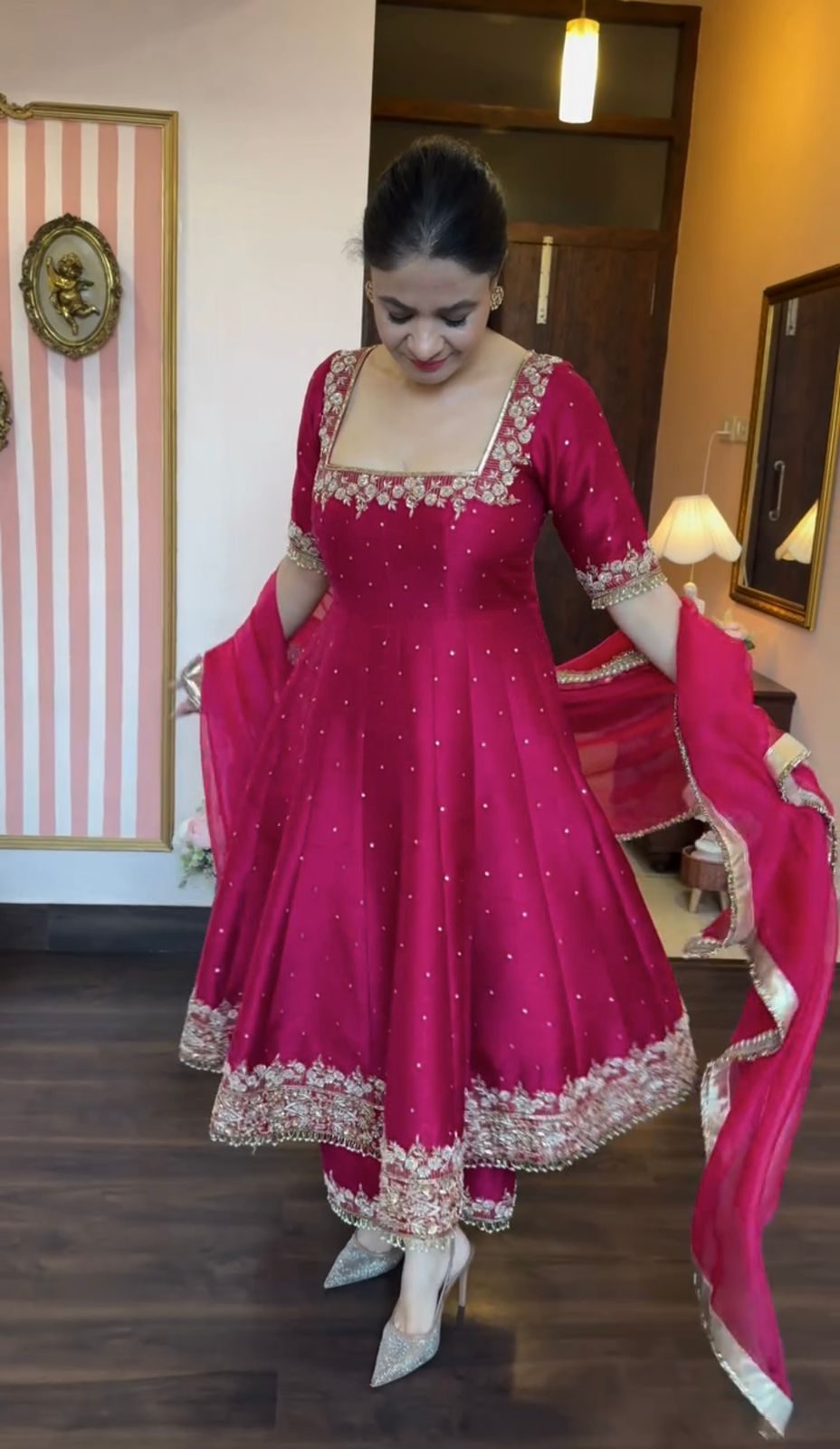 Stylist Pink Color Heavy Pure Vichitra Silk With Embroidery 5mm Sequence Work Anarkali Gown