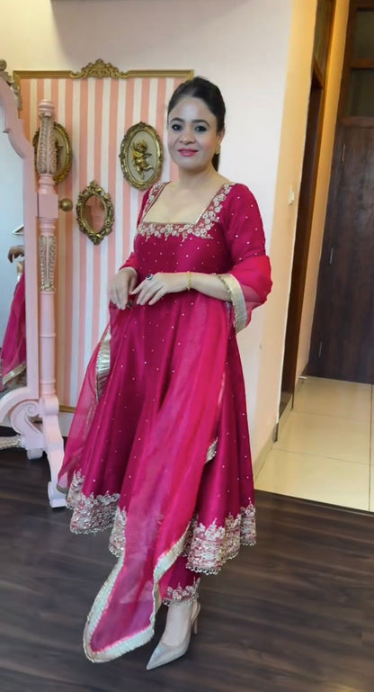 Stylist Pink Color Heavy Pure Vichitra Silk With Embroidery 5mm Sequence Work Anarkali Gown