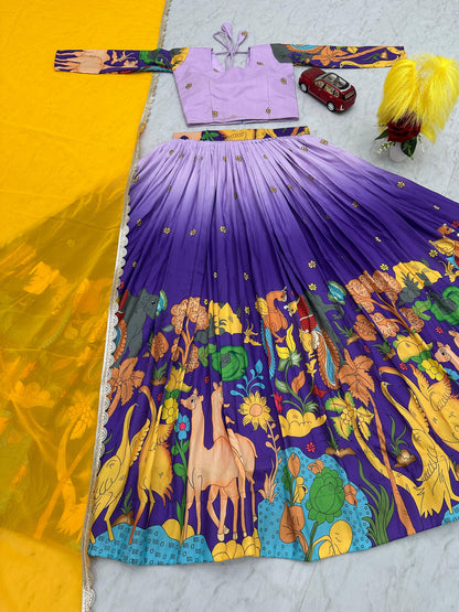 Glimmering Lavender And Blue Color Cotton With Kalamkari Printed Beautiful Lehenga Choli