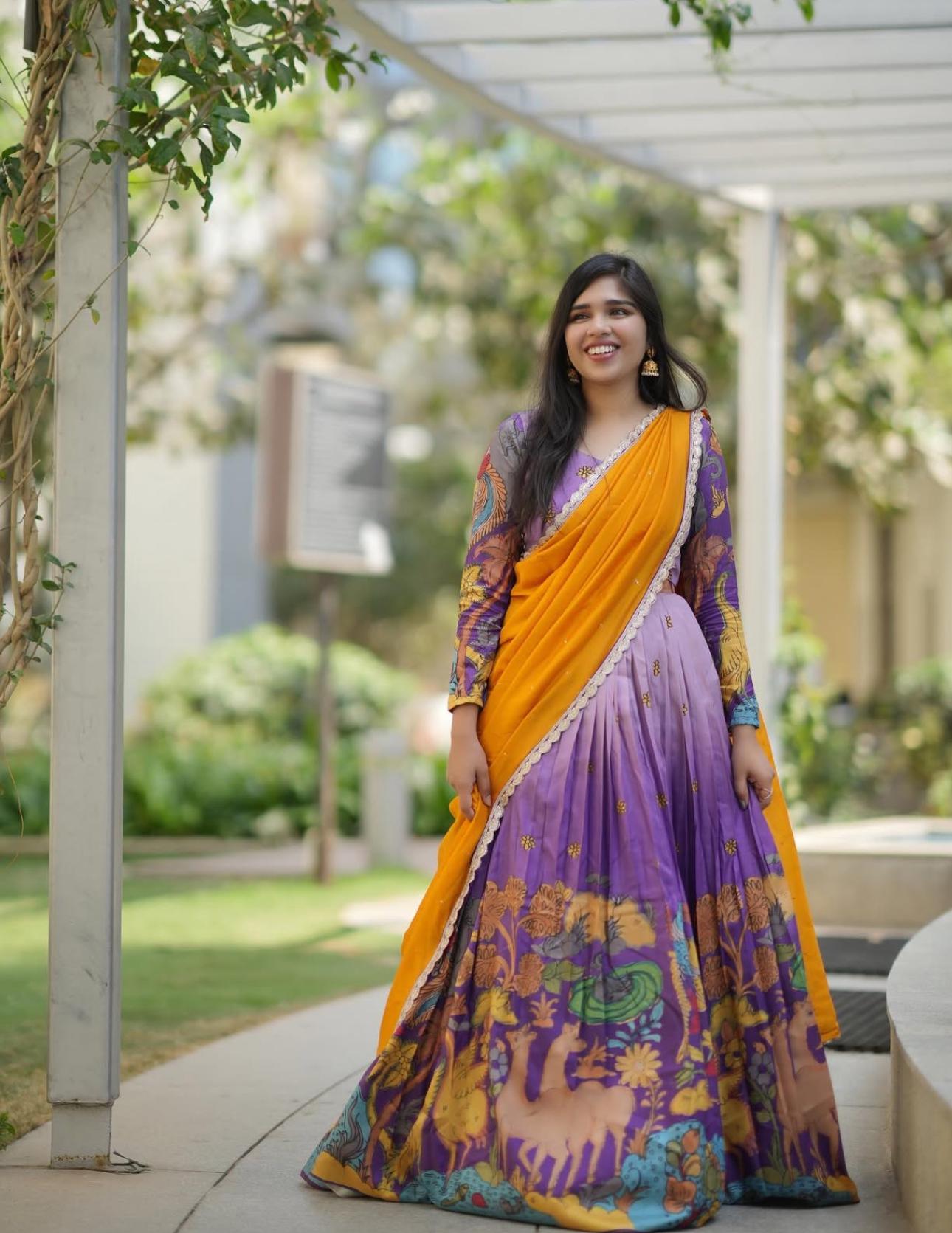 Glimmering Lavender And Blue Color Cotton With Kalamkari Printed Beautiful Lehenga Choli