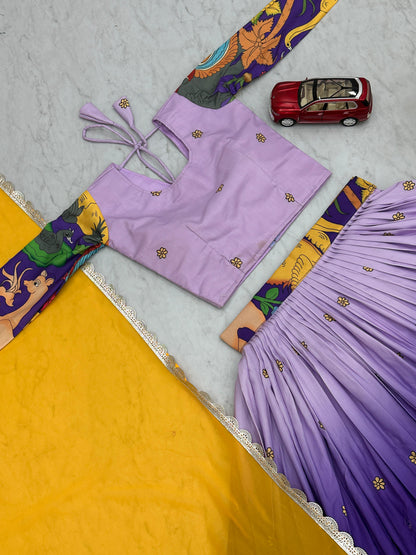 Glimmering Lavender And Blue Color Cotton With Kalamkari Printed Beautiful Lehenga Choli