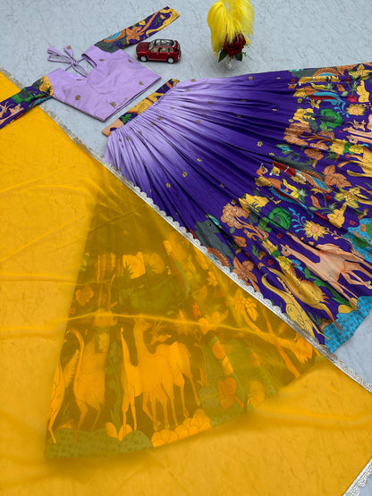 Glimmering Lavender And Blue Color Cotton With Kalamkari Printed Beautiful Lehenga Choli