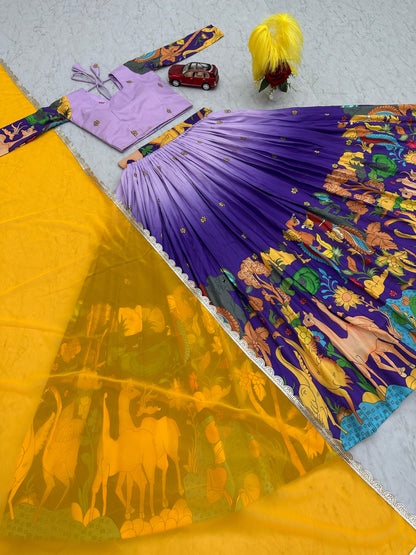 Glimmering Lavender And Blue Color Cotton With Kalamkari Printed Beautiful Lehenga Choli