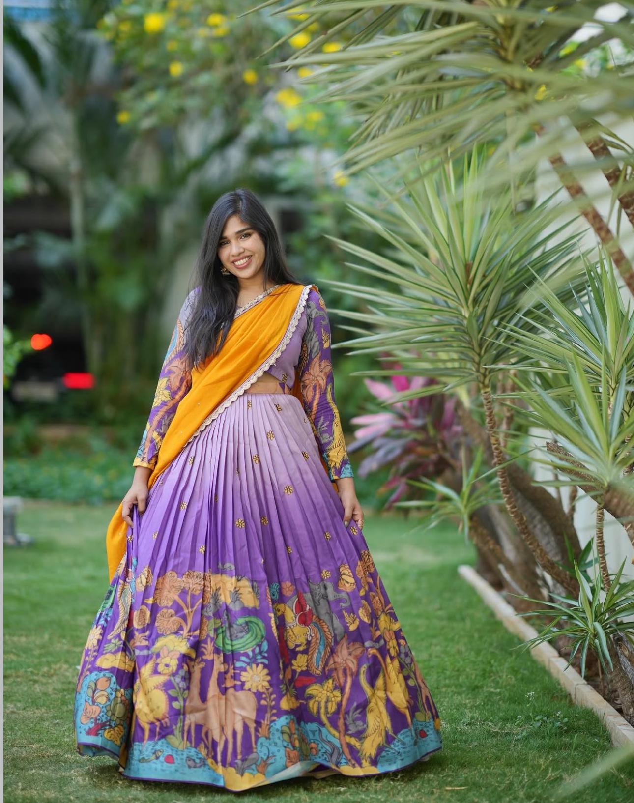 Glimmering Lavender And Blue Color Cotton With Kalamkari Printed Beautiful Lehenga Choli