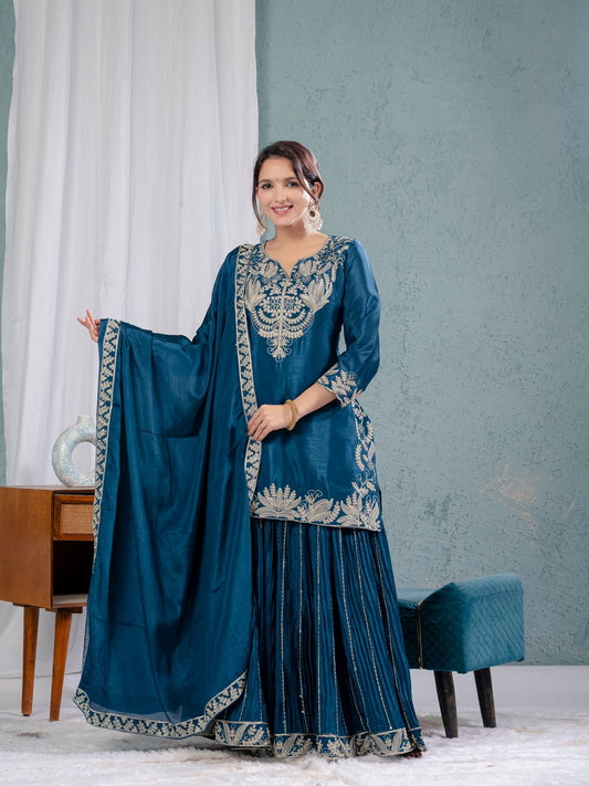 Luxuriant Teal Blue Color Pure Heavy Chinon Silk With Heavy Embroidery Coding Sequence Work Sharara Suit