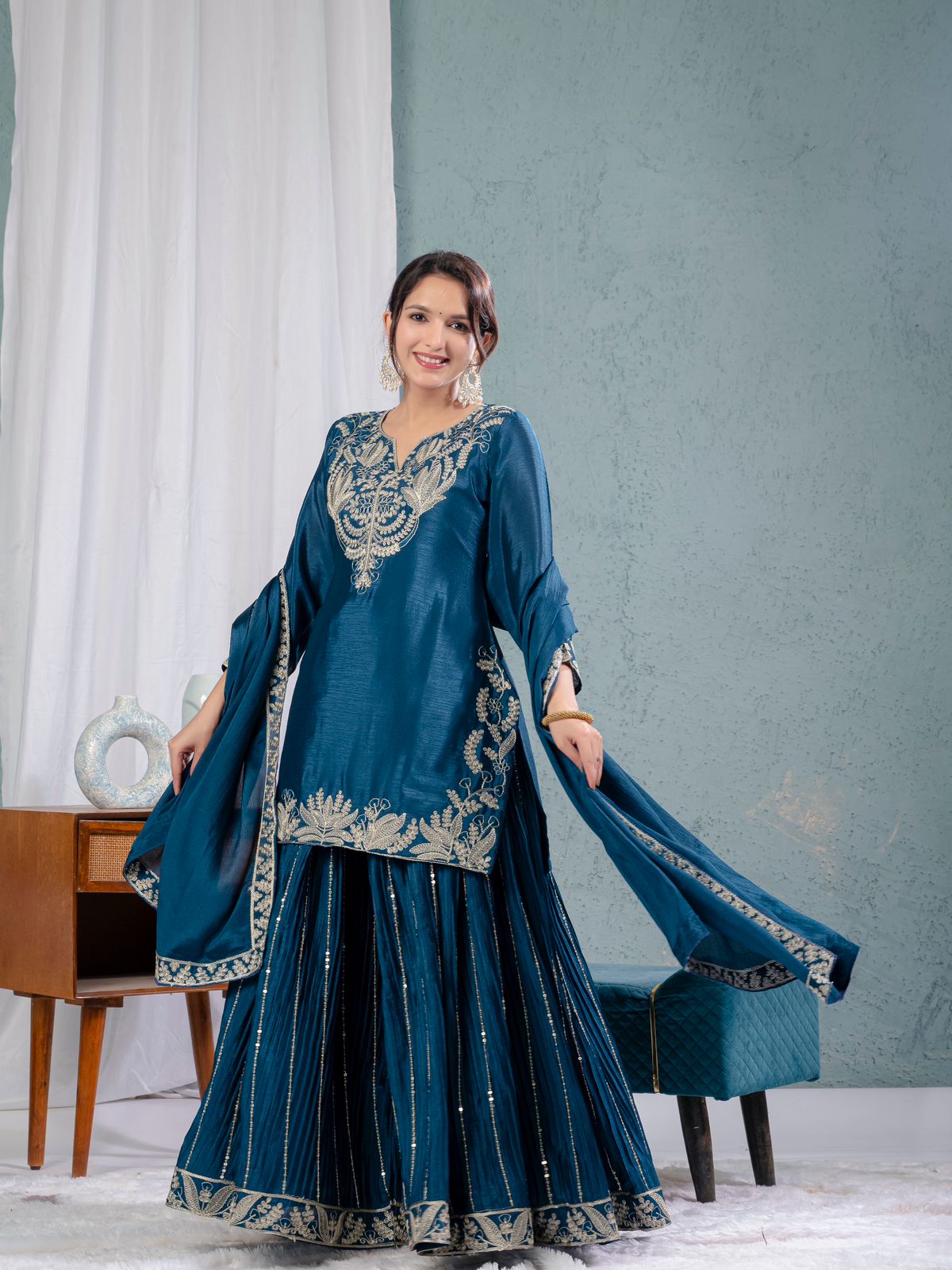 Luxuriant Teal Blue Color Pure Heavy Chinon Silk With Heavy Embroidery Coding Sequence Work Sharara Suit