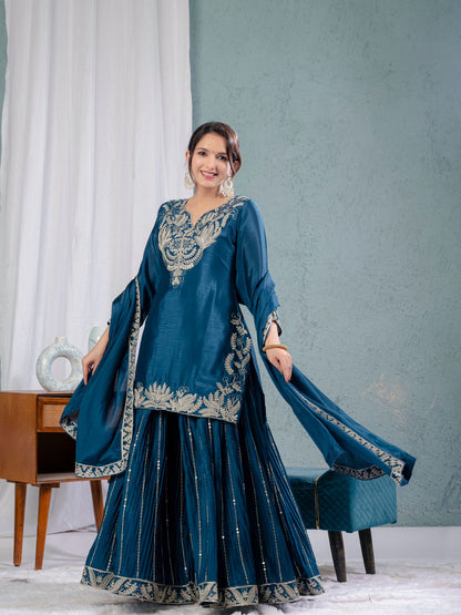 Luxuriant Teal Blue Color Pure Heavy Chinon Silk With Heavy Embroidery Coding Sequence Work Sharara Suit