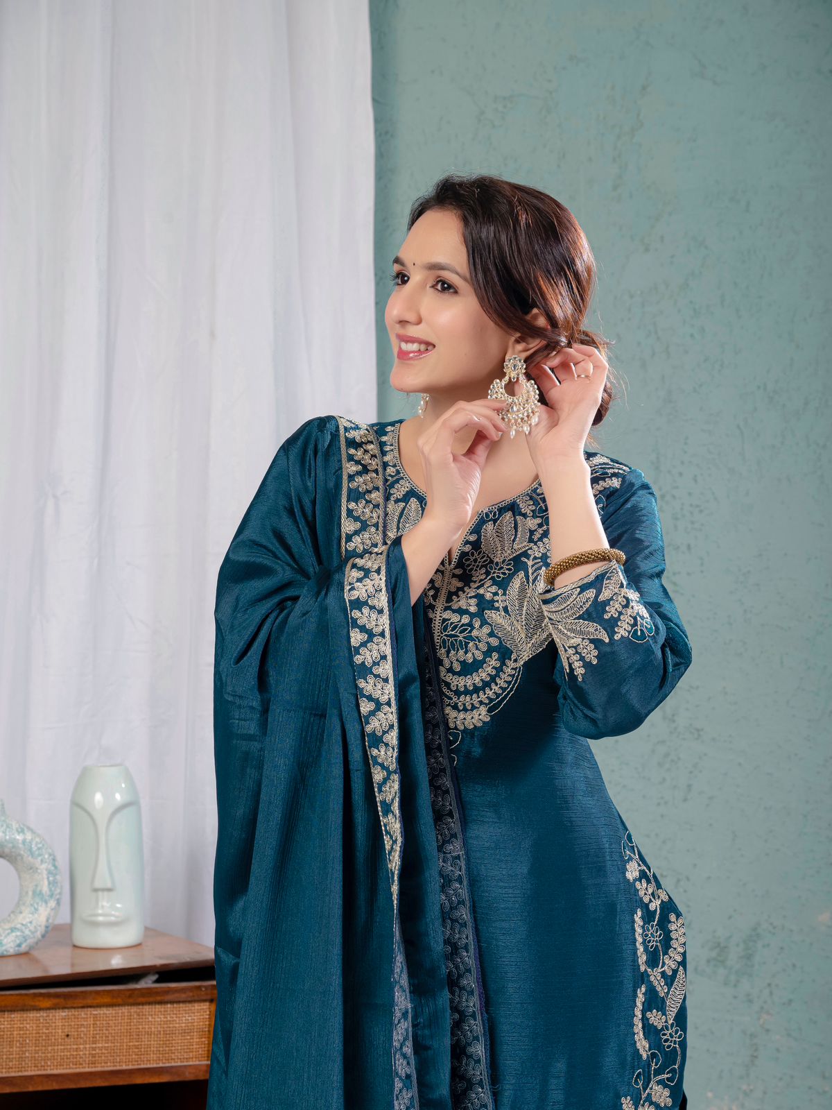 Luxuriant Teal Blue Color Pure Heavy Chinon Silk With Heavy Embroidery Coding Sequence Work Sharara Suit